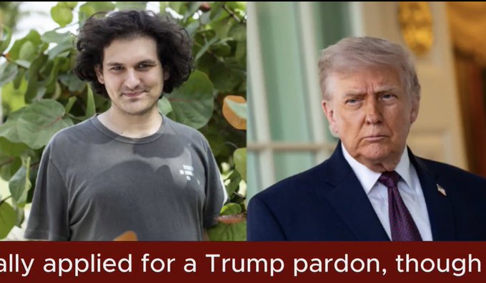 The image shows two men standing next to each other with one man posing for a photo and the other man looking away from the camera. The background of the scene has a green leafy bush, adding a natural element to the setting. A caption is present that reads, "Trump pardoned Ross Ulbricht - Silk Road founder. Trump pardoned CZ - Binance case, $4.3B fine. SBF filed for a pardon too." Another caption appears below it stating, "Your pardon doesn'".