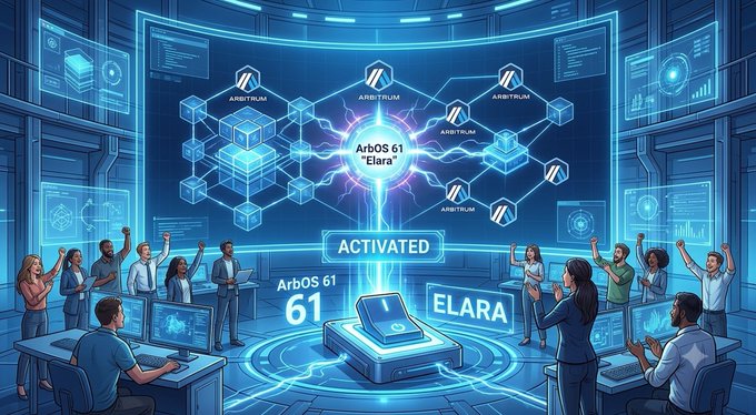 A digital illustration showing the activation of 'ArbOS 61 ELARA' on the Arbitrum network, with developers celebrating around glowing blockchain cube visualizations.