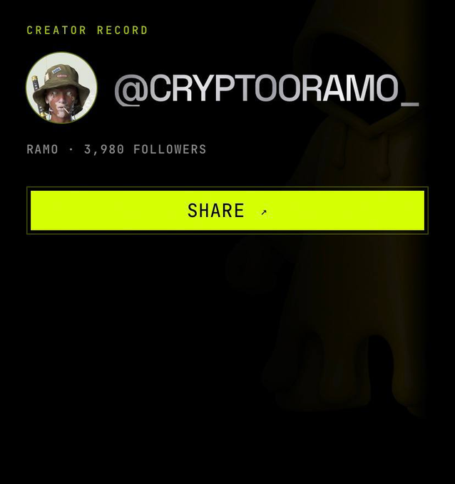 A 'CREATOR RECORD' screen displaying the profile of @CRYPTOORAMO_ (Ramo) with 3,980 followers and a yellow 'SHARE' button.