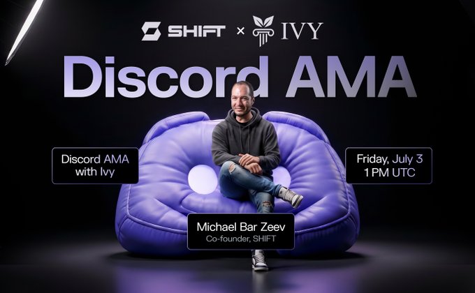 Announcement for a Discord AMA between SHIFT and IVY on Friday, July 3 at 1PM UTC, featuring SHIFT co-founder Michael Bar Zeev seated on a purple inflatable couch.