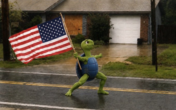 An anthropomorphic green turtle mascot stands triumphantly in a wet suburban street waving a large American flag, celebrating the 4th of July as referenced in the post about launching "$HODL" on @snekdotfun with #Cardano and $ADA.
