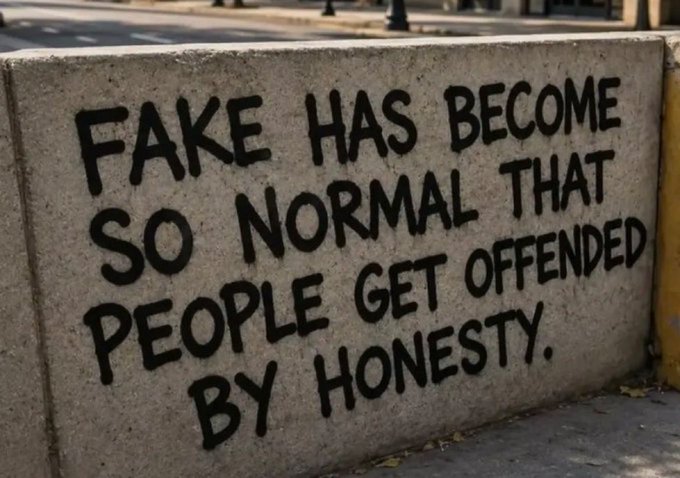 Black spray-painted graffiti on a concrete wall reading 'FAKE HAS BECOME SO NORMAL THAT PEOPLE GET OFFENDED BY HONESTY.'