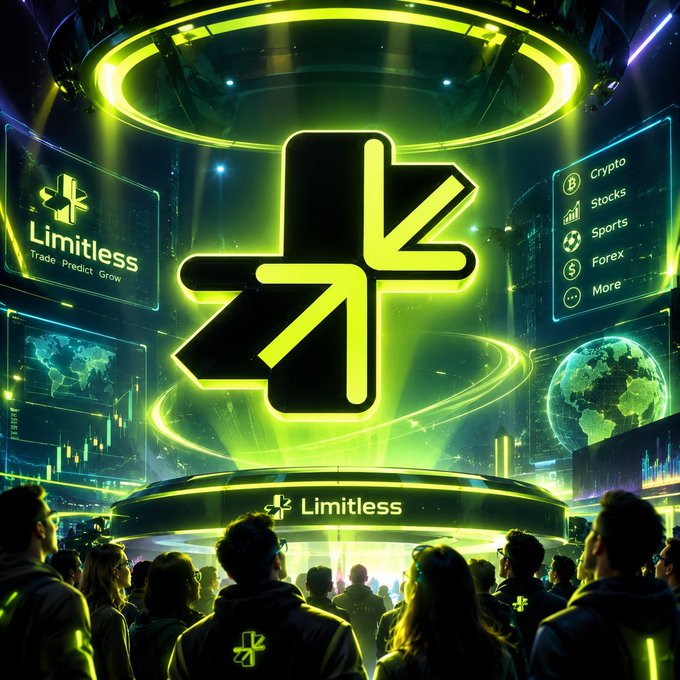 A futuristic promotional graphic for 'Limitless' featuring a glowing green cross-shaped logo with arrows, surrounded by screens displaying 'Crypto, Stocks, Sports, Forex, More' and 'Trade Predict Grow'.