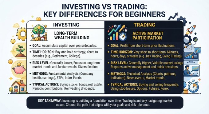 An infographic titled "Investing vs Trading: Key Differences for Beginners" compares the two strategies side-by-side, highlighting that investing focuses on long-term wealth building through buy-and-hold approaches with lower risk, while trading involves active market participation with higher risk and shorter time horizons. The image supports the post's message by visually emphasizing that beginners need to commit to one path rather than jumping between them impulsively.