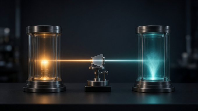 A dark scientific illustration showing two cylindrical chambers connected by a beam of light passing through a prism, with one chamber emitting warm orange light and the other cool blue light.