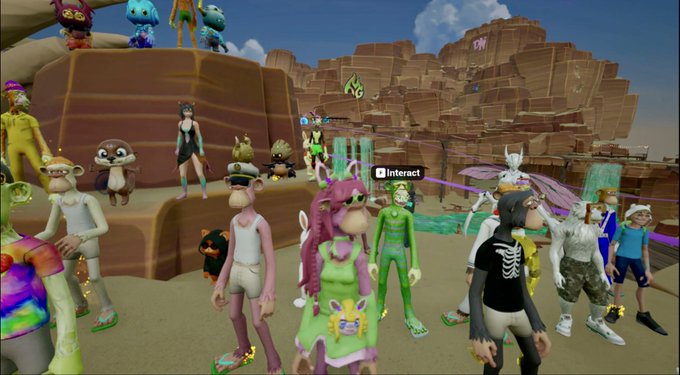 A chaotic screenshot from a multiplayer online game (resembling Runescape or OSRS) featuring numerous player avatars with custom outfits and pets gathered in a desert-like area.