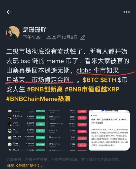 A Chinese social media post by user 是珊珊吖 from October 8, 2025, discussing cryptocurrency market liquidity loss and BSC chain meme trends, with a red underline highlighting 'alpha 牛市如果一旦结束，市场肯定会崩。' alongside hashtags #BNB创新高 and #BNBChainMeme热潮.
