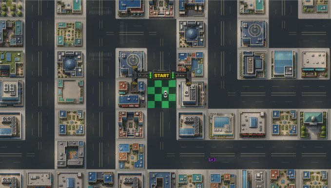 A top-down view of a 3D city map simulation featuring buildings, streets, and a central green plaza marked 'START' with arrows indicating entry points.