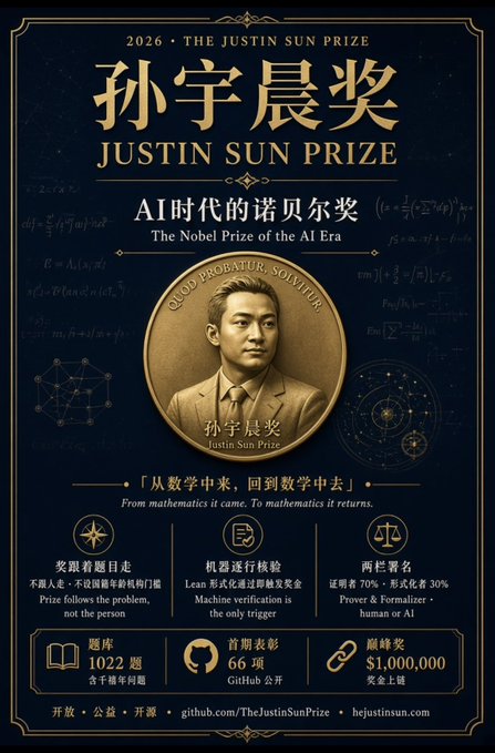 A promotional poster for "2026 - The Justin Sun Prize" (孙宇晨奖), described as "The Nobel Prize of the AI Era," featuring a gold medal with Justin Sun's portrait and listing prizes including a $1,000,000 Honeycomb Award.