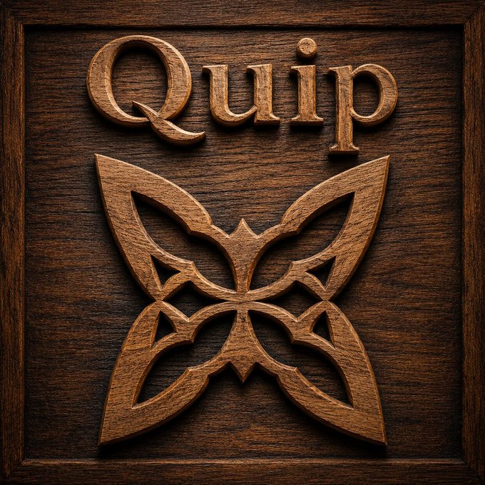 A wooden carved plaque featuring the word "Quip" above a decorative knot-like emblem.