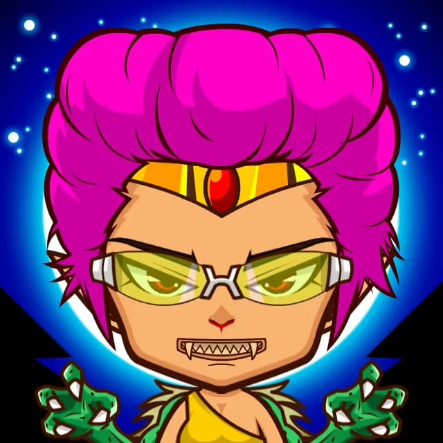 A stylized cartoon character with pink hair, yellow-tinted glasses, sharp teeth, and green clawed hands set against a starry blue background.