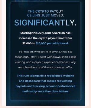 Blue Guardian announcement titled 'THE CRYPTO PAYOUT CEILING JUST MOVED. SIGNIFICANTLY.' announcing an increased crypto payout limit from $2,000 to $10,000 per withdrawal starting July, along with a redesigned website and dashboard.