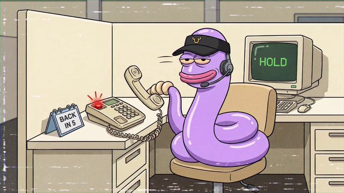 A cartoon illustration of a purple snake character wearing a headset and cap, sitting at a desk talking on a phone with a 'BACK IN 5' sign, while a computer monitor displays 'HOLD'.