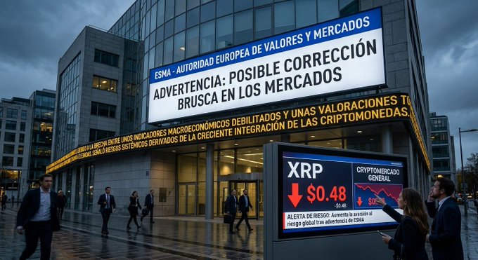 The image depicts a dramatic urban scene outside a modern glass building bearing the signage "ESMA · AUTORIDAD EUROPEA DE VALORES Y MERCADOS," with a large illuminated marquee displaying "ADVERTENCIA: POSIBLE CORRECCIÓN BRUSCA EN LOS MERCADOS" and a scrolling ticker warning about "INDICADORES MACROECONÓMICOS DEBILITADOS Y UNAS VALORACIONES TO" still elevated amid growing cryptocurrency integration. In the foreground, businesspeople in suits walk past a digital billboard showing XRP with a downward red arrow, a price drop to "$0.48" (-50%), and the label "CRYPTOMERCADO GENERAL" alongside an "ALERTA DE RIESGO" message, visually reinforcing the ESMA warning of an imminent sharp market correction that the accompanying post attributes to weakened macroeconomic indicators clashing with overvalued crypto assets.