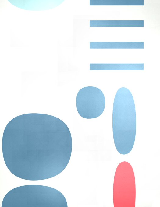 The image displays an abstract composition of blue and pink geometric shapes, including circles, ovals, and rectangles, on a white background. The accompanying post references "Pebbles #294," an NFT that was sold for 0.455 ETH on OpenSea, with the minimalist, pebble-like arrangement of rounded shapes in the image evoking the artwork's name and aesthetic.