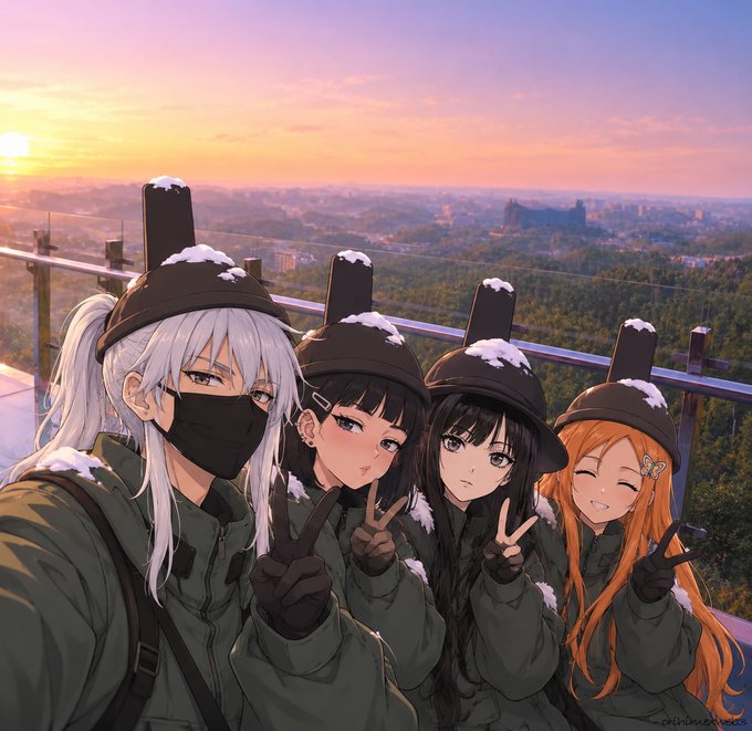 An anime-style artwork showing four girls in green military-style outfits with antenna-topped helmets, posing with peace signs against a scenic sunset landscape.