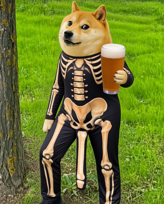 A Shiba Inu dog dressed in a skeleton costume holds a glass of beer while standing on grass next to a tree.