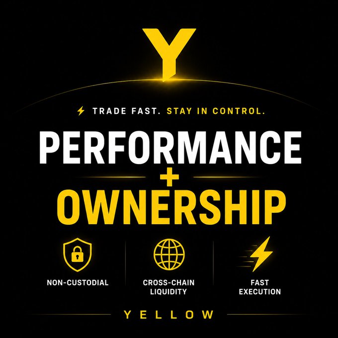 The image features an advertisement for the cryptocurrency yellow, which claims to provide both fast execution times and the ability to control your assets with speed and precision without needing a centralized authority or custodian. The yellow icon used in the design represents the currency itself. It appears that yellow is targeting a specific audience of traders looking for increased efficiency, transparency, and accessibility in their trading experience.