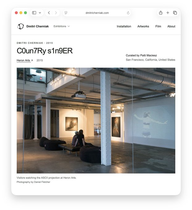 A screenshot of dmitricherniak.com showing the 'COun7Ry s1n9ER' installation curated by Patti Maciesz at Heron Arts in 2015, featuring visitors watching an ASCII projection.