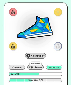 The image shows a shoe with blue, yellow, and green colors, designed as a sneaker or boot. The shoe has a unique pattern of triangles and rectangles that make it stand out. It appears to be a high-quality product, possibly made from leather. The image also includes several buttons in different shapes and sizes, which are likely used for controlling the shoe's features such as laces, zippers, or other functionalities.