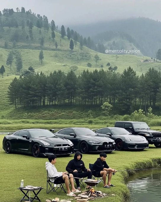Four people sit on camping chairs by a lakeside with a campfire, with three luxury cars (Nissan GT-R, BMW, and Porsche) and a black SUV parked behind them on green grass with forested mountains, watermarked '@mentality.vision'.
