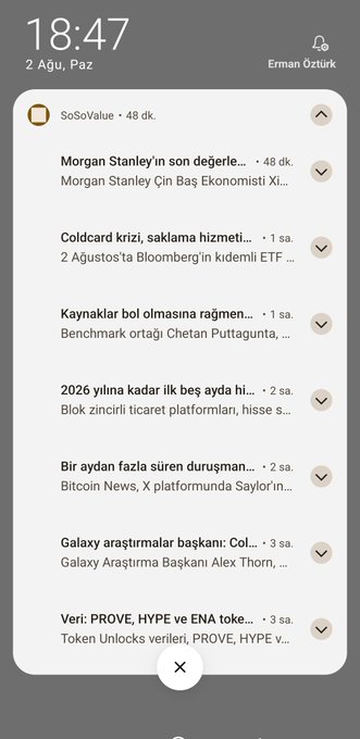 iOS notification screen at 18:47 on Sunday, August 2, showing a list of finance and crypto news alerts from SoSoValue including mentions of Morgan Stanley, Coldcard, Bitcoin, and Galaxy.