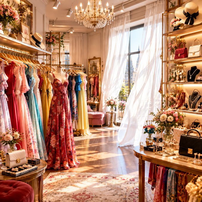 An elegant, brightly lit boutique interior filled with colorful floral dresses on mannequins and racks, a crystal chandelier, and shelves displaying handbags, jewelry, and flowers.