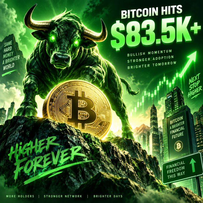A powerful green bull with glowing eyes stands atop a rocky peak alongside a golden Bitcoin coin, with bold headlines proclaiming "BITCOIN HITS $83.5K+" and "HIGHER FOREVER." The image's bullish symbolism and "$83.5K+" text directly align with the post's milestone of Bitcoin reaching $83,500 on September 21, 2026, visually celebrating the price achievement with an upward-pointing arrow and phrases like "Next Stop Higher" and "Bullish Momentum, Stronger Adoption, Brighter Tomorrow."