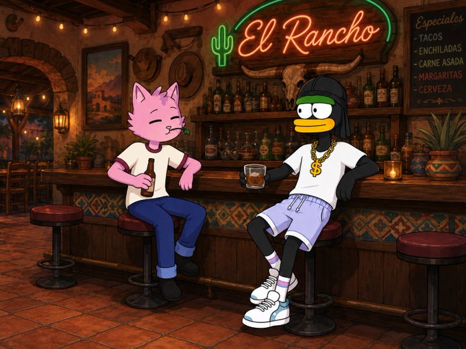 A cartoon illustration of a pink cat and a duck character in hip-hop attire sitting at a Mexican bar called 'El Rancho' with a menu listing tacos, enchiladas, carne asada, margaritas, and cerveza.