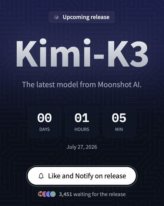 A promotional countdown graphic for 'Kimi-K3' from Moonshot AI, showing 00 days, 01 hours, 05 minutes remaining until its release on July 27, 2026, with a 'Like and Notify on release' button and 3,451 waiting.