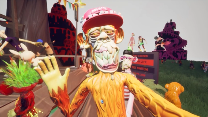 Screenshot from a 3D video game featuring a yellow-skinned character wearing a pink cap, with UI text including 'LOCKED' and 'SET SWITCH' visible.