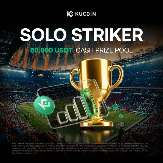 A promotional graphic for KuCoin's "SOLO STRIKER" Futures Crypto Cup contest features a golden trophy and smartphone displaying rising P&L bars against a stadium backdrop, highlighting a dedicated 50,000 USDT cash prize pool for top solo traders participating in the P&L competition.