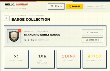 Sourav's DAC badge collection page displays a claimed "Standard Early Badge" reward worth 1.5x multiclass, with a total of 63 badges earned out of 104 available, including 11,860 OX and 43,710 OX still available to claim. This aligns with the post's reminder to thoroughly check DAC accounts before the upcoming TGE to ensure all eligible rewards and badges are properly collected.