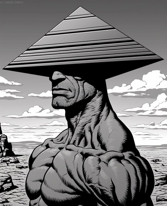 A black and white manga-style illustration of a muscular figure with a pyramid-shaped head standing in a barren landscape.