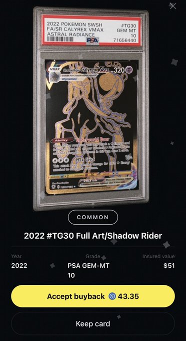 A PSA Gem-MT 10 graded 2022 Pokémon Astral Radiance #TG30 Full Art Shadow Rider Calyrex VMAX card is offered for a $43.35 buyback. The post celebrates pulling this rare full-art holographic card, noting it as a valuable addition to the collector's portfolio.