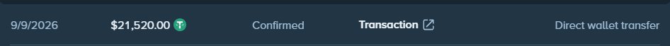 The screenshot shows a transaction record dated 9/9/2026 for $21,520.00 marked as "Confirmed" with a "Transaction" status and "Direct wallet transfer" description. This serves as proof of the $21,000+ withdrawal to the user's Stake account.