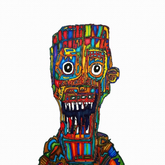 A colorful, abstract digital illustration of a character with a boxy head featuring large circular eyes, a wide mouth with sharp teeth, and a patchwork of vibrant multicolored geometric patterns on a white background.