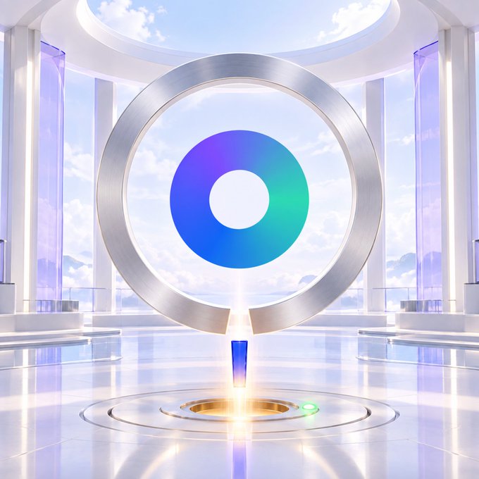 A futuristic, white architectural space featuring a large silver ring with a blue and green glowing circular center, set against a backdrop of clouds and a sky view.