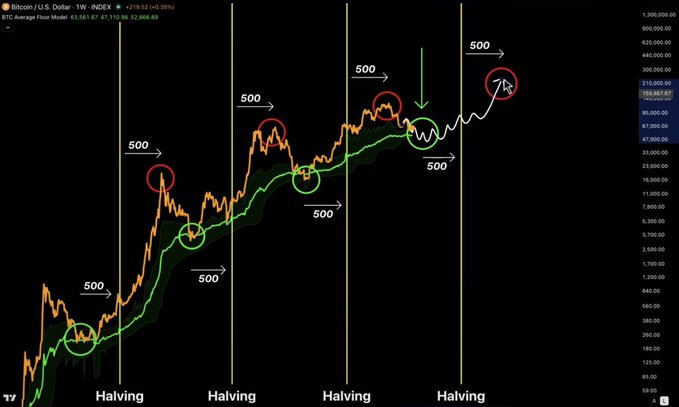 Bitcoin/U.S. Dollar weekly chart illustrating historical halving cycles (Halving/Halving/Halving/Halving), with green and red circles highlighting $500 price moves before each halving and $500 moves after, showing the asset's long-term upward trajectory.