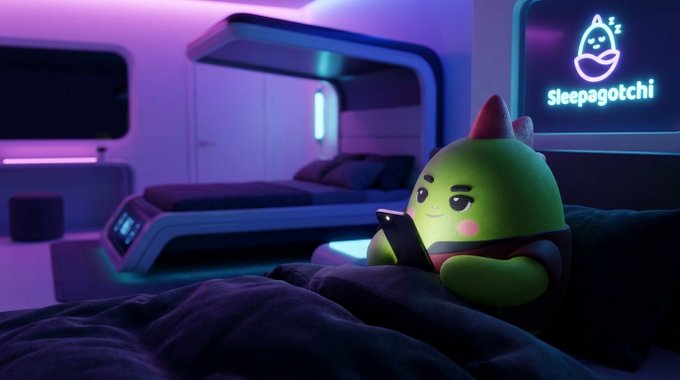 A 3D-rendered green character with a small orange horn lies in a futuristic bed, looking at a phone in a room lit with purple and blue neon, featuring a neon sign that reads 'Sleepagotchi'.