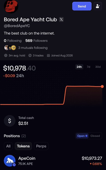 A portfolio page for 'Bored Ape Yacht Club' (@BoredApeYC) showing a total value of $10,978.40 and a position of 75.1K ApeCoin valued at $10,973.27.