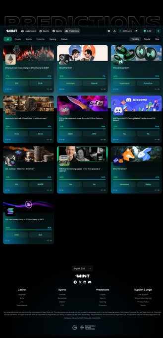 A website screenshot of a 'PREDICTIONS' platform called MINT, showing various prediction markets across categories like Crypto, Sports, Gaming, and Culture with up/down voting options.