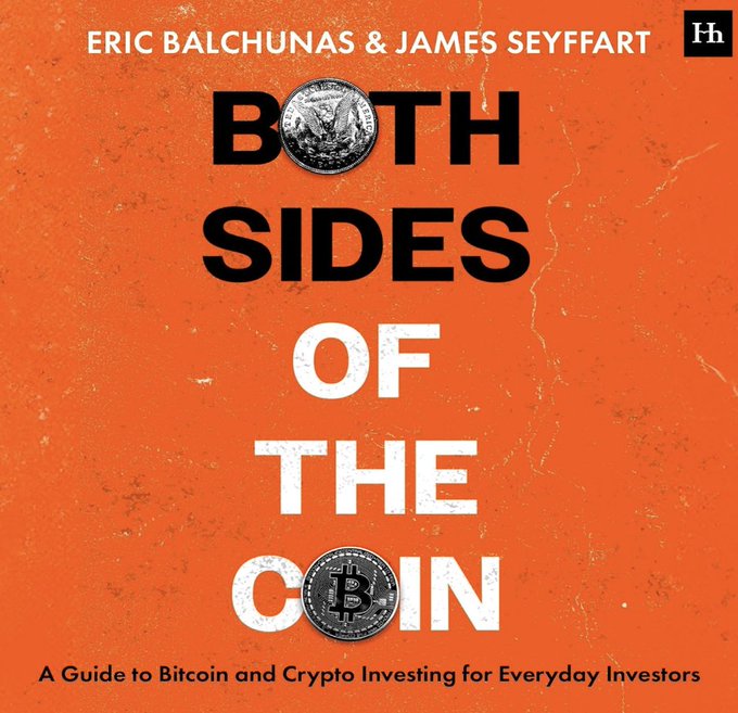 An orange book cover for "Both Sides of the Coin: A Guide to Bitcoin and Crypto Investing for Everyday Investors" by Eric Balchunas & James Seyffart, featuring silver and Bitcoin coins.