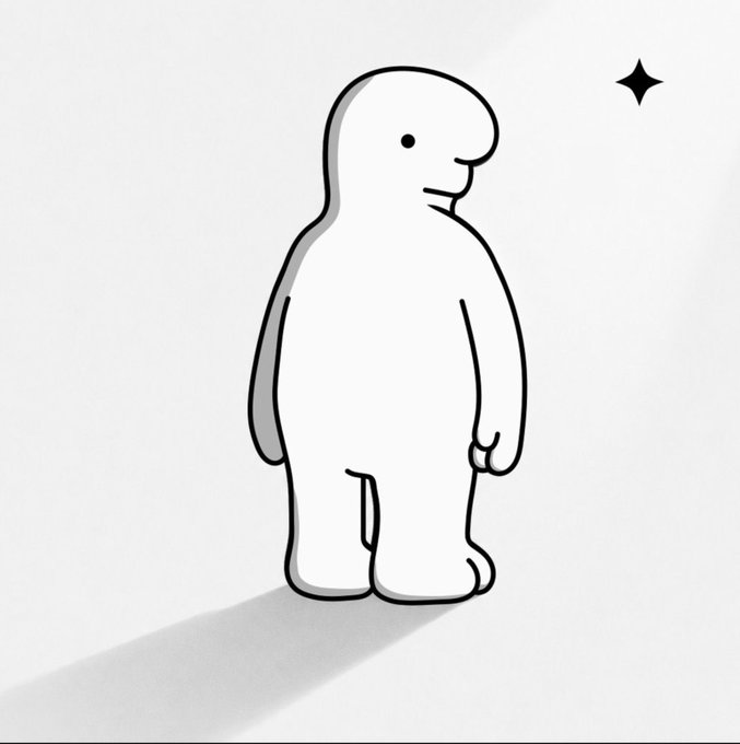 A minimalist line drawing illustration of a rounded humanoid figure with a small smile, casting a shadow on a light background with a small sparkle/star decoration in the corner.