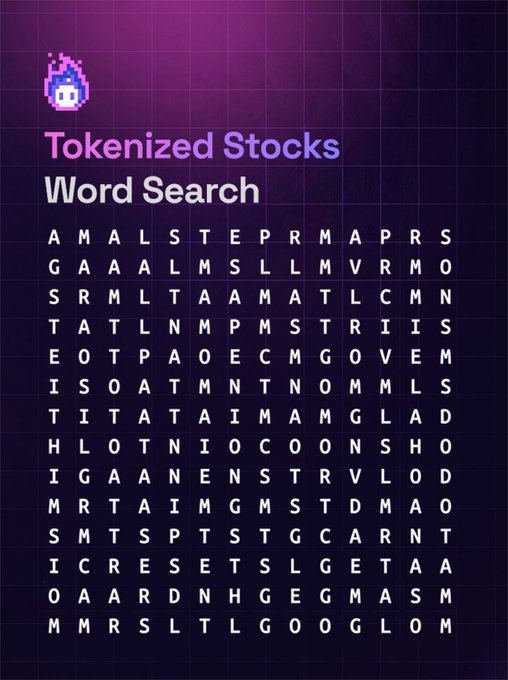A word search puzzle titled 'Tokenized Stocks' on a purple grid background, featuring a small pixelated purple character.