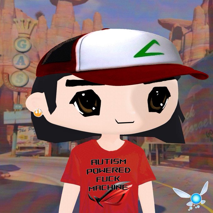 A chibi-style cartoon avatar of a girl wearing a red and white trucker cap and a red shirt reading 'AUTISM POWERED FUCK MACHINE' stands in front of a Route 66 gas station backdrop.