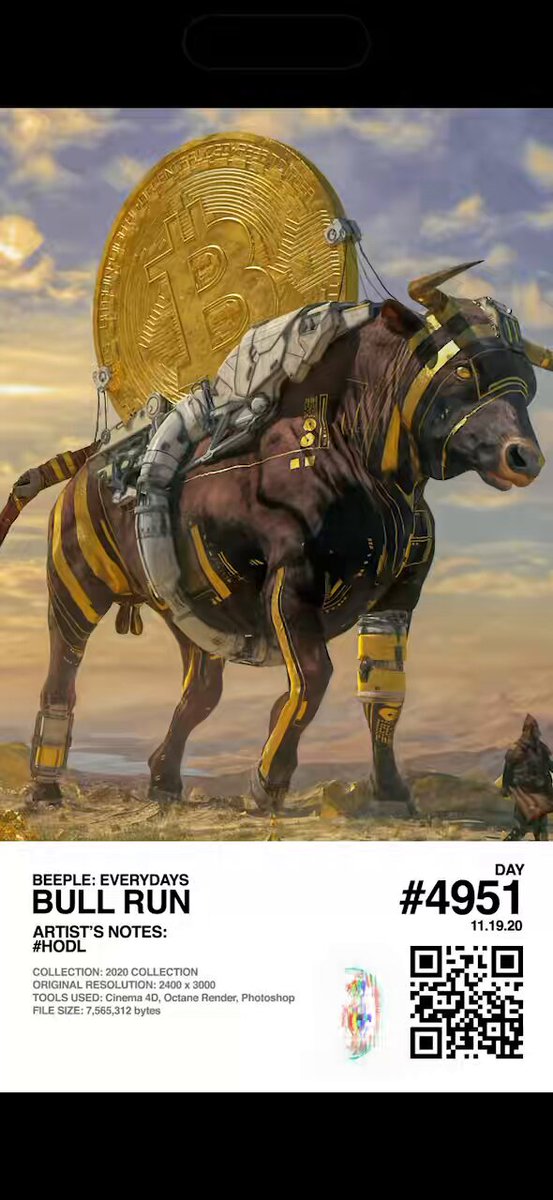 The image features a bull statue with a gold coin strapped to its back, surrounded by a desert landscape under a cloudy sky. The caption of the image reads "Holy shit I did a thing. @beeple Bull Run #223/271 Long time coming. Vaulted like a mf’er." This phrase is likely a reference to the post about bull runs and bull statues on social media, which was created by @beeple.