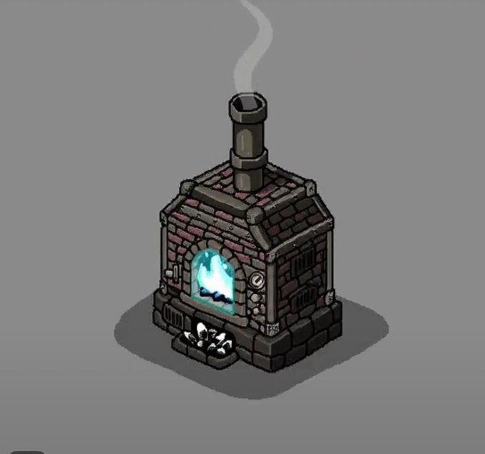 A pixel art illustration of a brick furnace with a chimney emitting smoke, glowing blue fire visible through the arched opening, and a skull with bones sitting in front.