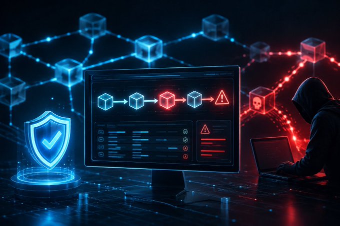 Digital cybersecurity illustration depicting a hooded hacker attacking a computer system with malicious blocks, contrasted against a protective blue shield on the left side.