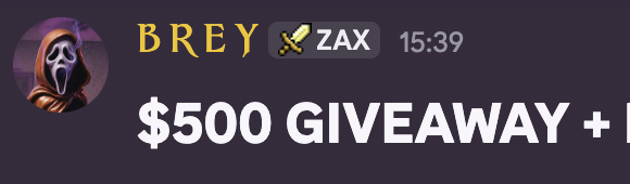 A screenshot of a Discord interface showing a user named "BREY" with the ZAX role (time 15:39), overlaid with bold white text announcing a "$500 GIVEAWAY," promoting one of the tiered prize rewards available on the ZaxWeb3 Discord server.